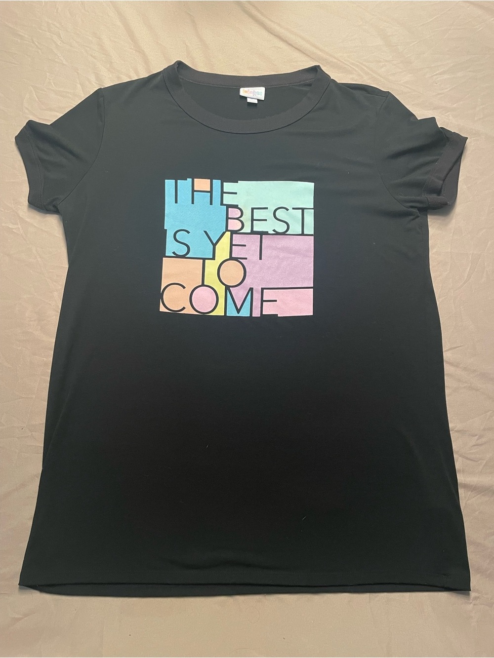 LuLaRoe Black Tee with Pastel Block Graphic Women’s XL